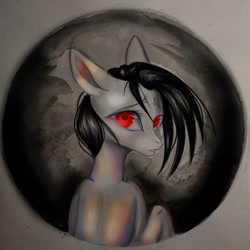 Size: 1080x1080 | Tagged: safe, artist:_quantumness_, artist:jonny_flex69, imported from derpibooru, oc, oc only, earth pony, pony, bust, earth pony oc, looking back, red eyes, solo, traditional art