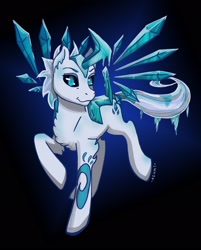 Size: 1620x2018 | Tagged: safe, artist:asumi, artist:asumi katsuragi, imported from derpibooru, pegasus, pony, black sclera, castle cats, crossover, ice, looking at you, male, ponified, raised hoof, smiling, solo, stallion