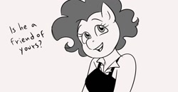 Size: 1400x720 | Tagged: dead source, safe, artist:andressuperhell, artist:smol_andriusha, imported from derpibooru, pinkie pie, anthro, earth pony, bust, clothes, eyelashes, female, grayscale, monochrome, open mouth, smiling, talking