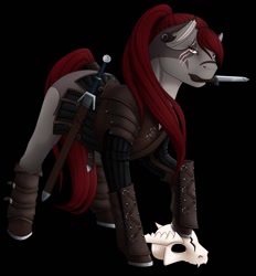 Size: 1189x1280 | Tagged: safe, artist:imreer, imported from derpibooru, oc, oc only, earth pony, pony, armor, black background, dagger, earth pony oc, eye scar, mouth hold, scar, simple background, skull, solo, sword, weapon
