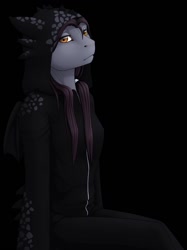 Size: 956x1280 | Tagged: safe, artist:imreer, imported from derpibooru, oc, oc only, anthro, earth pony, black background, clothes, costume, earth pony oc, female, simple background, sitting, solo