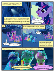 Size: 612x792 | Tagged: safe, artist:newbiespud, edit, edited screencap, imported from derpibooru, screencap, lyra heartstrings, minuette, princess cadance, twilight sparkle, twinkleshine, alicorn, pony, unicorn, comic:friendship is dragons, a canterlot wedding, cave, comic, female, floral head wreath, flower, glowing eyes, looking up, mare, mind control, open mouth, screencap comic, smiling, starry eyes, unicorn twilight, wingding eyes