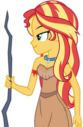 Size: 1024x1562 | Tagged: safe, artist:emeraldblast63, imported from derpibooru, sunset shimmer, equestria girls, breasts, cleavage, clothes, clothes swap, cosplay, costume, crossover, gloves, holiday, motorcross, pocahontas, simple background, sleeveless, solo, spear, thanksgiving, transparent background, weapon