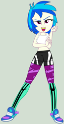 Size: 1928x3732 | Tagged: safe, artist:jadeharmony, artist:jadethepegasus, artist:novalightsentryyt, imported from derpibooru, dj pon-3, vinyl scratch, equestria girls, base used, belly button, clothes, female, gray background, leggings, midriff, mouth guard, mouthguard, open mouth, shoes, shorts, simple background, sneakers, socks, solo, sports bra, sports shorts