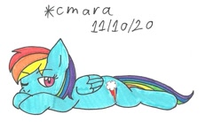 Size: 1119x618 | Tagged: safe, artist:cmara, imported from derpibooru, rainbow dash, pegasus, pony, female, lying down, mare, one eye closed, one eye open, prone, simple background, sleeping, solo, traditional art, white background