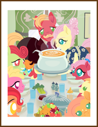 Size: 1518x1980 | Tagged: safe, anonymous artist, imported from derpibooru, big macintosh, fluttershy, oc, oc:apple flutter, oc:apple sorbet, oc:crabapple cider, oc:late riser, oc:pink lemonade, oc:pink pearl apple, oc:summer breeze, earth pony, pegasus, pony, series:fm holidays, alternate hairstyle, apple, apron, baby, baby bottle, baby pony, bowl, celery, clothes, colt, cranberry sauce, dress, drink, facial hair, family, female, filly, fine art parody, fluttermac, food, freedom from want, glass of water, holiday, lineless, looking at you, male, mare, moustache, necktie, no pupils, norman rockwell, offspring, older, parent:big macintosh, parent:fluttershy, parents:fluttermac, pear, pumpkin, pumpkin soup, pumpkin soup (food), shipping, soup, stallion, straight, suit, thanksgiving, tooth gap