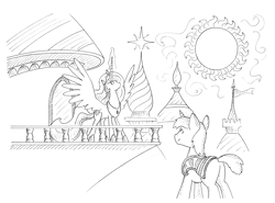 Size: 4848x3592 | Tagged: safe, artist:azdaracylius, princess celestia, oc, alicorn, unicorn, black and white, canterlot, fanfic art, grayscale, lineart, magic, monochrome, royal guard, simple background, spread wings, sun, white background, wings