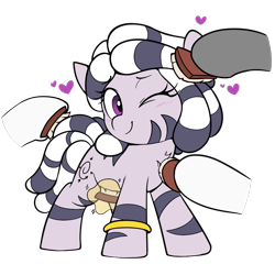 Size: 1136x1136 | Tagged: safe, artist:pestil, artist:shinodage, imported from ponybooru, oc, oc only, oc:zala, pony, zebra, blushing, brush, brushing, cute, female, filly, heart, magic, magic aura, magic glow, ocbetes, offscreen character, simple background, telekinesis, white background, zebra oc