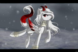 Size: 1500x1000 | Tagged: safe, artist:symphonicnights, oc, oc only, oc:elysium rose, demon, demon pony, original species, pony, bandage, female, horns, mare, red eyes, snow, solo, wings