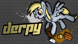 Size: 1920x1080 | Tagged: safe, artist:thealjavis, derpy hooves, pegasus, pony, fighting is magic, female, flying, food, hoof hold, letter, mare, muffin, open mouth, package, smiling, solo