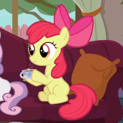 Size: 394x394 | Tagged: safe, edit, screencap, apple bloom, earth pony, pony, the fault in our cutie marks, animated, drinking, female, filly, food, gif, missing cutie mark, solo focus, tea