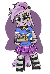 Size: 580x858 | Tagged: safe, artist:jargon scott, imported from ponybooru, oc, oc only, oc:nada phase, earth pony, pony, bipedal, boots, choker, drink, female, fishnet clothing, food, goth, looking at you, mare, pancakes, plaid skirt, shoes, simple background, solo, white background