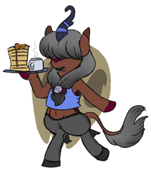 Size: 700x804 | Tagged: safe, artist:jargon scott, imported from ponybooru, oc, oc only, oc:kaumaha ekahi, kirin, bipedal, black lipstick, clothes, coffee, coffee mug, female, food, goth, hair over eyes, kirin oc, lipstick, midriff, mug, pancakes, pants, shirt, simple background, solo, standing, standing on one leg, waitress, white background, yoga pants