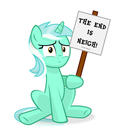 Size: 4000x4181 | Tagged: safe, artist:keronianniroro, imported from derpibooru, lyra heartstrings, pony, unicorn, 2021, crying, end of ponies, female, holding sign, hoof hold, looking at you, mare, sign, simple background, sitting, solo, teary eyes, the end is neigh, white background