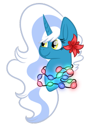 Size: 719x887 | Tagged: safe, artist:fallsplash, imported from derpibooru, oc, oc only, oc:fleurbelle, alicorn, pony, alicorn oc, christmas, fairy lights, female, flower, flower in hair, holiday, horn, mare, simple background, solo, transparent background, wingding eyes, wings, yellow eyes