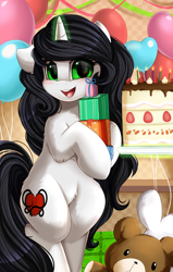 Size: 2550x4009 | Tagged: safe, artist:pridark, imported from derpibooru, imported from ponybooru, oc, oc only, oc:reinina hazard, pony, unicorn, absurd resolution, bipedal, birthday cake, cake, cutie mark, eyebrows, eyebrows visible through hair, food, glowing, glowing horn, green eyes, high res, horn, looking at you, magic, magic aura, open mouth, open smile, plushie, present, smiling, smiling at you, solo, telekinesis, unicorn oc