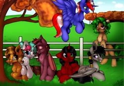 Size: 1792x1244 | Tagged: safe, artist:emilywulfstudios, imported from derpibooru, oc, oc:ame, oc:cotton sweets, oc:effiorescence, oc:ethan eclipse, oc:lunar bolt, oc:maverick, oc:oulie mareota, alicorn, earth pony, pegasus, pony, unicorn