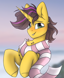 Size: 1902x2334 | Tagged: safe, artist:mariashapony, artist:mariashek, imported from derpibooru, oc, oc only, oc:joshua, oc:joshua lemonbrew, oc:joshua weedminster, pony, unicorn, bust, clothes, horn, portrait, scarf, solo, unicorn oc