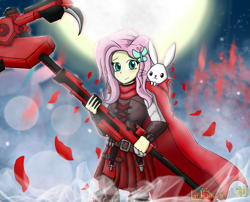 Size: 2535x2048 | Tagged: safe, artist:lordshrekzilla20, imported from derpibooru, angel bunny, fluttershy, rabbit, equestria girls, animal, anime style, cape, clothes, cosplay, costume, crescent rose, gun, hairpin, moon, rifle, ruby rose, rwby, scythe, skirt, sniper rifle, weapon