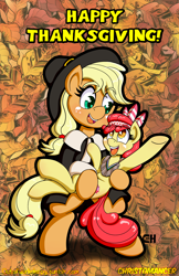 Size: 1280x1978 | Tagged: safe, artist:outofworkderpy, imported from derpibooru, apple bloom, applejack, earth pony, pony, adorabloom, apple sisters, bridal carry, carrying, clothes, cosplay, costume, cute, female, happy, hat, holiday, indian, jackabetes, leaves, native american, pilgrim, pilgrim hat, pilgrim outfit, siblings, sisters, squaw bloom, thanksgiving