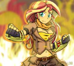 Size: 2284x2048 | Tagged: safe, artist:lordshrekzilla20, imported from derpibooru, sunset shimmer, equestria girls, anime style, belly button, belt, breasts, cleavage, clothes, cosplay, costume, cutie mark, cutie mark on clothes, ember celica, gauntlet, gloves, jacket, midriff, rwby, scarf, solo, voice actor joke, yang xiao long