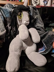 Size: 2429x3238 | Tagged: safe, artist:klplushies, imported from derpibooru, photographer:lightningbolt, pony, unicorn, clothes, commission, disguise, disguised siren, fangs, horn, irl, kellin quinn, male, photo, plushie, ponified, shirt, sleeping with sirens, slit eyes, slit pupils, solo, stallion, t-shirt