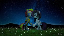 Size: 1280x720 | Tagged: safe, artist:nebulafactory, imported from derpibooru, oc, oc:nebula, pegasus, pony, 3d, blender, blender cycles, grass, holding hooves, looking at each other, love, night