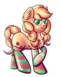 Size: 2000x2494 | Tagged: safe, artist:coco-drillo, imported from derpibooru, applejack, earth pony, pony, alternate hairstyle, braid, braided tail, chest fluff, clothes, crossed hoov, cute, ear fluff, freckles, hatless, high res, holiday, looking at you, missing accessory, simple background, smiling, socks, solo, standing, stockings, striped socks, thigh highs, transparent background