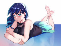 Size: 1280x960 | Tagged: safe, artist:tzc, imported from derpibooru, coloratura, human, anime, barefoot, beautiful, blushing, breasts, busty coloratura, clothes, dress, feet, female, humanized, looking at you, pretty, rara, skirt, sleeveless, soles, solo, the pose