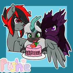 Size: 2000x2000 | Tagged: safe, artist:pastel-pony-princess, imported from derpibooru, oc, oc only, oc:abyssal hart, oc:akasa, oc:serendypity, kirin, original species, pegasus, pony, birthday, cake, food, hug, kirin oc, trio, winghug