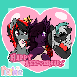 Size: 2100x2100 | Tagged: safe, artist:pastel-pony-princess, imported from derpibooru, oc, oc only, oc:abyssal hart, oc:akasa, oc:serendypity, kirin, original species, pegasus, pony, anniversary, bust, envelope, heart, hoof hold, kirin oc, mouth hold, trio