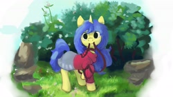 Size: 3840x2160 | Tagged: safe, artist:sapphrinette, imported from derpibooru, oc, oc only, oc:logical leap, pony, unicorn, clothes, collar, cute, grass, leash, mouth hold, skirt, solo, sweater, tree, wip