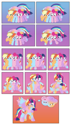 Size: 1711x3000 | Tagged: safe, artist:mlpconjoinment, imported from derpibooru, applejack, pinkie pie, rainbow dash, twilight sparkle, oc, earth pony, pegasus, pony, unicorn, blushing, butt, comic, commissioner:bigonionbean, conjoined, cowboy hat, cutie mark, embarrassed, extra thicc, female, flank, fused, fusion, hairband, hat, large butt, mare, merge, merging, plot, stetson, the ass was fat, thicc ass, thought bubble, varying degrees of amusement, writer:bigonionbean