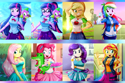 Size: 2880x1920 | Tagged: safe, artist:the-butch-x, edit, editor:itsmgh1203, imported from derpibooru, applejack, fluttershy, gummy, pinkie pie, rainbow dash, rarity, sci-twi, spike, spike the regular dog, sunset shimmer, twilight sparkle, alligator, dog, human, equestria girls, equestria girls series, the craft of cookies, spoiler:eqg series (season 2), applejack's hat, backpack, beautiful, belt, big breasts, bleachers, blonde hair, blue eyes, boots, bowtie, bracelet, breasts, busty applejack, busty fluttershy, busty pinkie pie, busty rarity, busty sci-twi, busty sunset shimmer, busty twilight sparkle, candy, canterlot high, clothes, collar, confident, cookie, cowboy hat, cute, cutie mark, cutie mark on clothes, dashabetes, denim skirt, diapinkes, dress, fashionista, female, fence, fluttershy boho dress, food, forest, freckles, geode of empathy, geode of fauna, geode of shielding, geode of sugar bombs, geode of super speed, geode of super strength, geode of telekinesis, glasses, green eyes, grin, gummybetes, hairpin, hallway, hand on hip, happy, hat, headband, heart, high heels, hoodie, humane five, humane seven, humane six, jackabetes, jacket, jar, jewelry, kitchen, leather, leather jacket, leggings, lockers, looking at you, magical geodes, male, multicolored hair, necklace, one eye closed, open mouth, open smile, outdoors, pink hair, plushie, ponytail, purple eyes, purple hair, rainbow hair, raribetes, rarity peplum dress, red eyes, red hair, redraw, rework, shimmerbetes, shirt, shoes, shyabetes, signature, skirt, sleeveless, sleeveless dress, smiling, smiling at you, soccer field, spikabetes, spike the dog, sun, sunset, sweat, sweatdrop, sweatdrops, t-shirt, tanktop, the-butch-x is trying to murder us, tray, tree, twiabetes, vest, wall of tags, waving, windmill, wink, winking at you, wristband, yellow hair