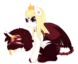 Size: 1024x842 | Tagged: safe, artist:nekoremilia1, imported from derpibooru, oc, oc only, oc:carmilla and justice, original species, pegasus, pony, primal plant pony, augmented tail, broken horn, closed species, crown, female, horn, jewelry, regalia, simple background, solo, transparent background