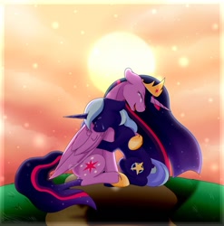 Size: 1024x1038 | Tagged: safe, artist:nekoremilia1, imported from derpibooru, twilight sparkle, oc, alicorn, pony, unicorn, the last problem, commission, crown, crying, ethereal mane, hug, jewelry, princess twilight 2.0, regalia, starry mane, sun, sunset, tears of joy, twilight sparkle (alicorn)