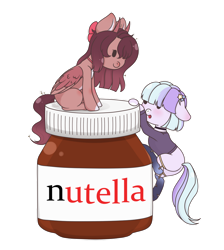 Size: 1024x1141 | Tagged: safe, artist:nekoremilia1, imported from derpibooru, earth pony, pegasus, pony, bow, chibi, clothes, food, horn, nutella, product placement, simple background, socks, stockings, thigh highs, transparent background