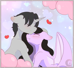 Size: 1659x1516 | Tagged: safe, artist:nekoremilia1, imported from derpibooru, oc, oc:chia scarlet, oc:quietmoon, bat pony, pony, unicorn, vampire, couple, love