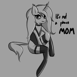 Size: 2000x2000 | Tagged: safe, artist:plaguemare, imported from derpibooru, oc, oc only, oc:cornelia zante vandelia, pony, unicorn, choker, clothes, dialogue, doodle, eyeliner, female, goth, gothic, leotard, long hair, makeup, mare, monochrome, simple background, sitting, sketch, socks, solo, thigh garters, thigh highs