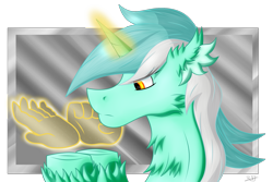 Size: 2059x1374 | Tagged: safe, artist:thebenalpha, imported from derpibooru, lyra heartstrings, pony, unicorn, chest fluff, ear fluff, hand, hooves, magic, solo