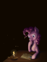 Size: 1240x1620 | Tagged: safe, artist:nevillerob, imported from derpibooru, pinkie pie, earth pony, pony, candle, dark, female, hoof on chin, mare, solo