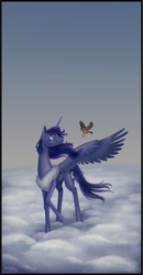 Size: 1194x2301 | Tagged: safe, artist:nevillerob, imported from derpibooru, princess luna, alicorn, bird, pony, bullfinch, cloud, female, mare, neck fluff, on a cloud, one wing out, solo, standing on a cloud, walking on clouds, wings