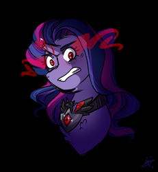 Size: 661x714 | Tagged: safe, artist:gallantserver, imported from derpibooru, oc, oc only, oc:equestrian magic, pony, unicorn, alicorn amulet, broken horn, bust, dark magic, female, horn, magic, magical lesbian spawn, mare, neoverse, offspring, parent:rarity, parent:twilight sparkle, parents:rarilight, portrait, solo, sombra eyes