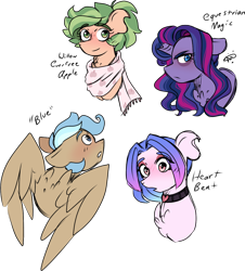 Size: 1170x1292 | Tagged: safe, artist:gallantserver, imported from derpibooru, oc, oc:blue, oc:equestrian magic, oc:everfreee willow, oc:heart beat, pegasus, pony, unicorn, broken horn, female, horn, magical lesbian spawn, mare, offspring, parent:applejack, parent:derpy hooves, parent:flash sentry, parent:gloriosa daisy, parent:rarity, parent:twilight sparkle, parents:rarilight, simple background, transparent background