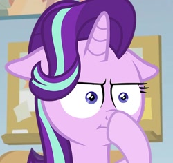 Size: 578x545 | Tagged: safe, edit, edited screencap, imported from derpibooru, screencap, starlight glimmer, twilight sparkle, pony, unicorn, marks for effort, season 8, :i, boop, cropped, crossing the memes, female, floppy ears, glimmerposting, i mean i see, mare, meme, self-boop, solo