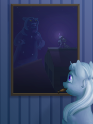 Size: 512x684 | Tagged: safe, artist:nevillerob, imported from derpibooru, trixie, bear, pony, unicorn, ursa, ursa minor, female, imagination, mare, mouth hold, night, paintbrush, painting, solo