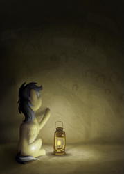 Size: 799x1119 | Tagged: safe, artist:nevillerob, imported from derpibooru, daring do, pegasus, pony, cutie mark origin, exploring, lantern, solo, younger