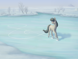 Size: 1100x830 | Tagged: safe, artist:nevillerob, imported from derpibooru, octavia melody, earth pony, pony, female, frozen lake, ice, ice skates, ice skating, mare, snow, solo, treble clef