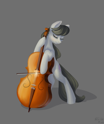 Size: 549x650 | Tagged: safe, artist:nevillerob, imported from derpibooru, octavia melody, earth pony, pony, bipedal, bipedal leaning, bow, bow (instrument), cello, dexterous hooves, eyes closed, female, gray background, leaning, mare, musical instrument, simple background, smiling, solo