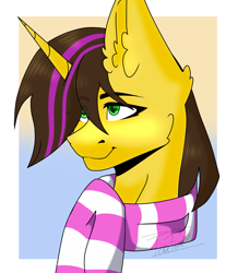 Size: 1671x1917 | Tagged: safe, artist:teafox, imported from derpibooru, oc, oc only, oc:joshua, oc:joshua lemonbrew, oc:joshua weedminster, pony, unicorn, bust, clothes, horn, portrait, scarf, solo, unicorn oc